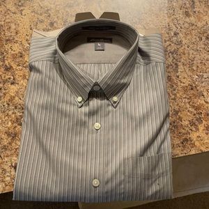 Unworn, grey striped Lg Eddie Bauer wrinkle free, classic fit dress shirt